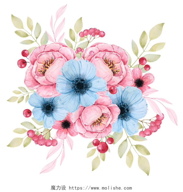 白色背景前的花朵精致的高解析度水彩画，有牡丹、蓝花、各种小枝和红色浆果。明信片、标志、名片和装饰品的设计